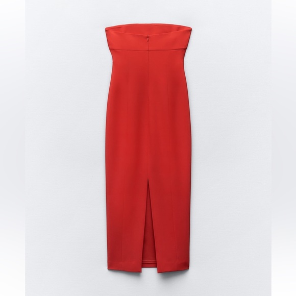 Last one ๐จ Zara Red Fitted Strapless Bodycon Midi Dress stretchy back Slit NWT - Picture 8 of 16